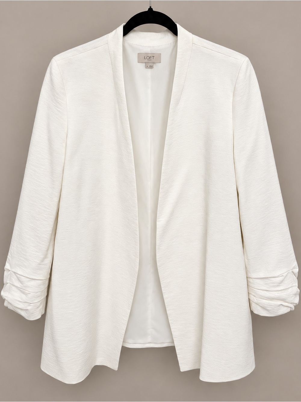 LOFT Cream Open-Front Ruched-Sleeve Blazer